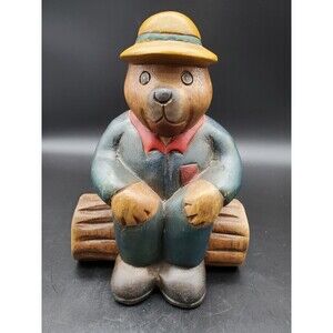 Honey Bear Beehive Dressed Sitting on Log Carved WOOD 8" Very NICE!!! Adorable!